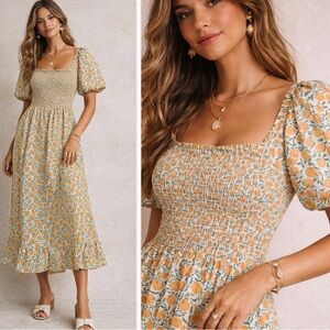 J. Crew Orange Print Floral Midi Dress Puff Sleeve Size Medium